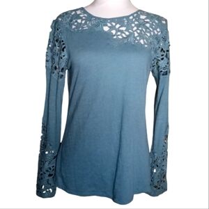 Sundance Teal Lace Lovelier Days Long Sleeve Cotton Blend Blouse Size XS